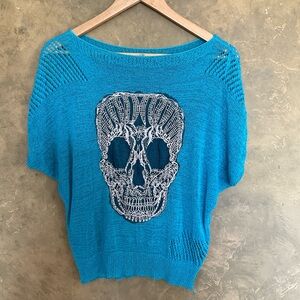 QED London Knit Sugar Skull Applique Short Dolman Sleeve Sweater